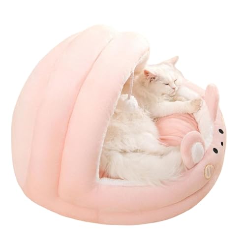 Katzenbett Höhle - Katzenbett Höhle - Abnehmbares Waschbares Kissen - Niedliches Rosa Halbgeschlossenes Katzennest Bett mit weißem Plüschball - Weiche Bequeme Warme Katzenbetten für Indoor-Katzen von ARIOU