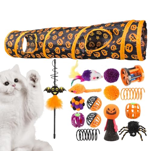 Katzenspielzeug-Set mit Tunnel,Katzentunnel mit Spielzeug,Zusammenklappbare Halloween-Katzenröhren mit Katzenspielzeug | Aktivitätscenter mit Kürbismuster, interaktives Spielzeug für kleine Tiere, gel von ARIOU