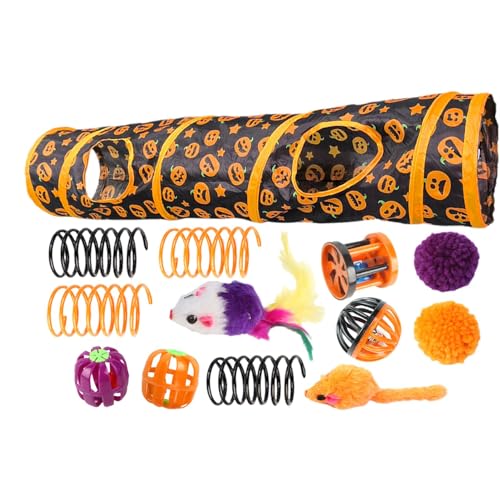 Katzentunnel für Wohnungskatzen,Haustier-Katzentunnelröhre - Halloween Peekaboo Katzenhöhle mit Katzenspielzeug - Interaktives Spielzeug mit Kürbismuster für kleine Tiere, gelangweilte Katzen von ARIOU