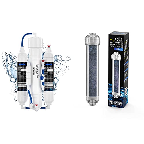 ARKA Aquatics - myAqua380 Umkehrosmoseanlage für 380L/Tag. Wasserfilter und Enthärtungsanlage Filter für bis zu 99% der Schadstoffe, Salz und Bakterien & Resinfilter 300 ml - Reinstwasserfilter von ARKA Aquatics