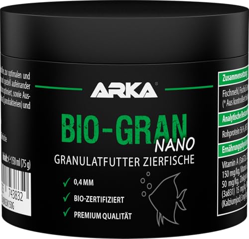 ARKA Bio-Gran Nano - 150 ml - Biozertifiziertes Fischfutter für jedes Süßwasser-Aquarium, fördert Wachstum, Farbenpracht und Vitalität von Zierfischen von ARKA