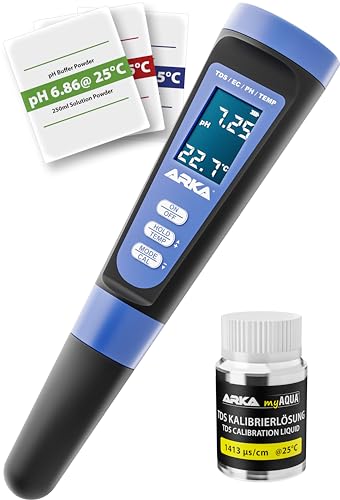 ARKA myAQUA pH/TDS/EC Messgerät - Wasserqualitätstester für pH, TDS, EC & Temperatur, inkl. Kalibrierlösung, ideal für Aquarien, Pools, Teiche & Trinkwasser von ARKA