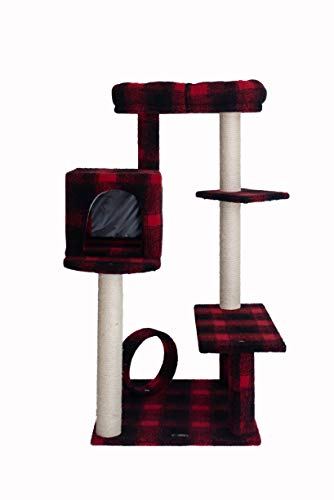 Armarkat Modell B5008 Katzenbaum aus Echtholz, mit Veranda, Bank, Mini-Sitzstange und geräumiger Liege, in Scotch Plaid, schwarz/rot, 78,7 cm (L) x 71,1 cm (B) x 127 cm (H) von ARMARKAT