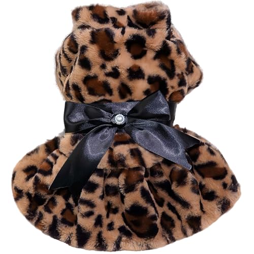 Leoparden-Hundekleid für kleine Hunde, Katzen, Mädchen, Hunde-Fleece-Kleider mit Schleife, Haustier-Kostüm, Outfit für Chihuahua, Yorkie, Teetasse, Winterwelpenrock, Katzenkleidung für Urlaub, Party, von ARNUAETY