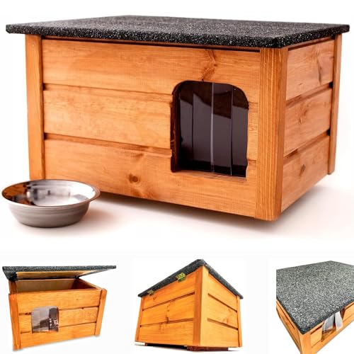 ARPON Holzhütte für Katze - wetterfest Katzenhütte mit öffnbarem Dach und Lamellentür - Solides Haus für Katze, ideal für draußen - Größe der Katzenhaus: 57cmx47cmx33cm - Vollständig montierte von ARPON