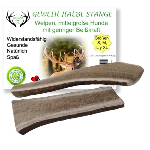 ARTISAN GIFT CO Rothirsch Geweih Hunden Kausnack Halbe Stange für Welpen oder Hunde - Gesamtnettogewicht 162gr+ (L - 2 stück) von ARTISAN GIFT CO