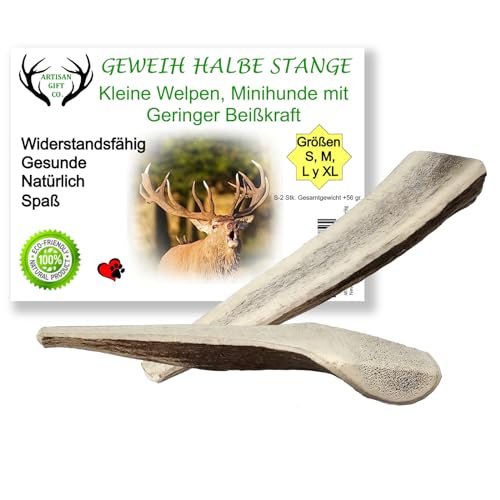 ARTISAN GIFT CO Rothirsch Geweih Hunden Kausnack Halbe Stange für Welpen oder Hunde - Gesamtnettogewicht 56gr+ (S - 2 stück) von ARTISAN GIFT CO