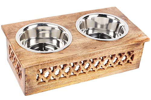 Holz Hund Katze Haustier Futterstation Ständer mit 2 Edelstahlnäpfen | Erhöhter Katzennapf Hunde Napf Erhöhter Katze Hund | Haustier Esstisch für Katzen und Welpen | 40,6 x 21,6 x 12,7 cm von ARTISENIA