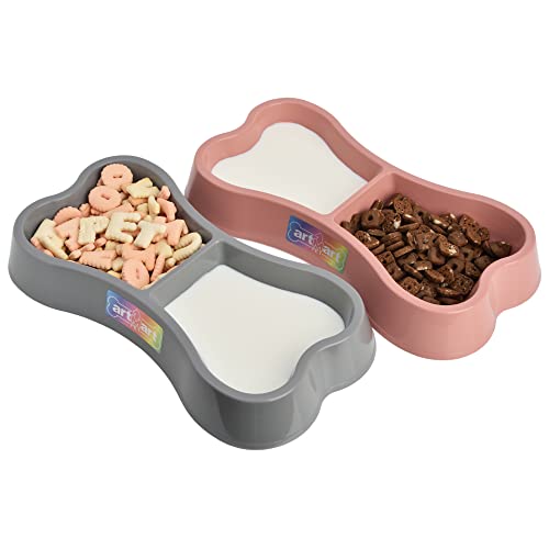 Set mit 2 leichten Futter- und Wassernäpfen für kleine Hunde, Welpen, Katzen, 170 ml, doppelt, rosa, Kunststoff, tragbar, für Reisen im Freien (rosa und grau) von ARTMART