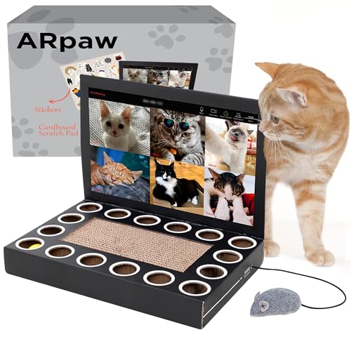 ARpaw Laptop aus Karton für Katzen Kratzbaum mit Maus Interaktives Katzenspielzeug für Indoor-Katzen Kätzchenzubehör Kätzchenspielzeug von ARpaw