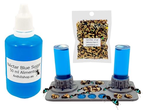 Ameisennahrung ┃ Ausgezeichnetes Futterset für Ihre Ameisen und Ameisenfarmen ┃ Enthält einen Nektar Blue Sugar 50 ml, Beutel mit 22 g Samenmischungen und einen fantastischen Mega-Babykäfig von AS AnthillShop