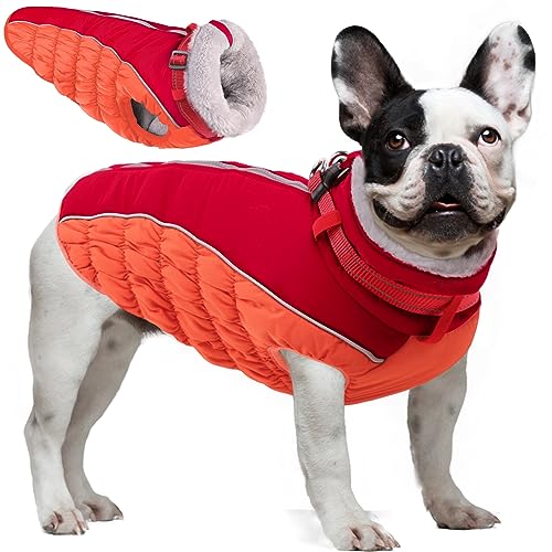 ASENKU Warme Hundemantel,Winter Hundejacke mit Geschirr Wasserdicht Hundemantel mit Bauchschutz Hundebekleidung Outfit für Kleine Grosse Hunde Warme Fleece Hundemantel, Rot, XL von ASENKU