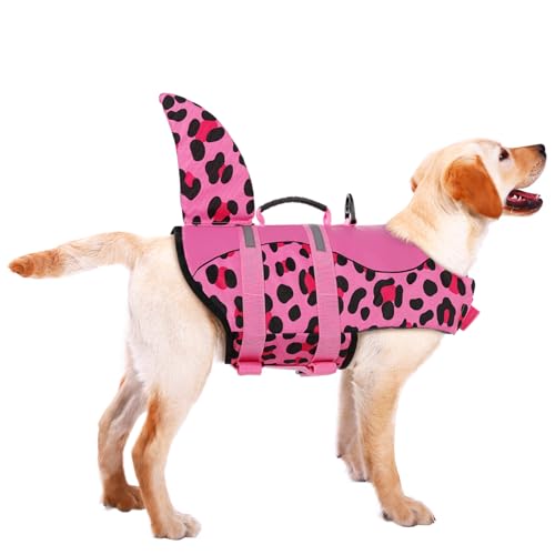 ASENKU Hundeschwimmweste - Haustier-Sicherheitsweste zum Schwimmen & Bootfahren, Hai-Schwimmweste mit Floatation für kleine bis große Hunde (Rosa Leopard, XS) von ASENKU