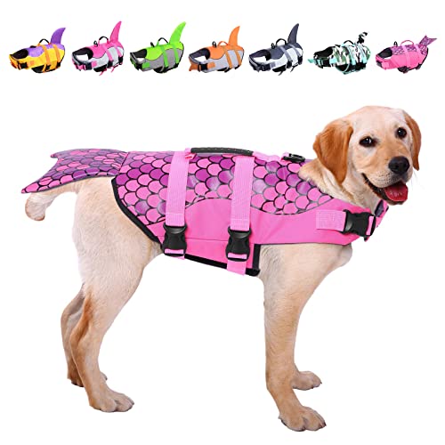 ASENKU Hundeschwimmweste Haustier Schwimmweste Sicherheitsweste zum Schwimmen Bootfahren, Hund Shark Schwimmwesten Hund Lebensretter Badeanzüge für Pool, Meerjungfrau Rosa, X-Large von ASENKU