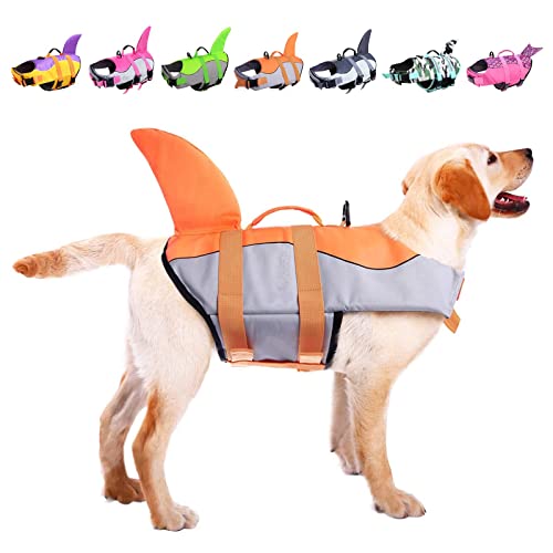 ASENKU Hundeschwimmweste Haustier Schwimmweste Sicherheitsweste zum Schwimmen Bootfahren, Hund Shark Schwimmwesten Hund Lebensretter Badeanzüge für Pool, Orange, XX-Large von ASENKU