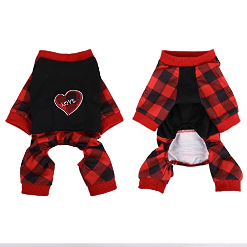 ASENKU Plaid Dog Pyjamas, Soft & Stretchable Pet Dog Pjs Clothes, Puppy 4 Legs Onesie Jumpsuit Outfits Apparel for Small Medium Dog and Cat, Red and Black (Red Heart, XL) von ASENKU