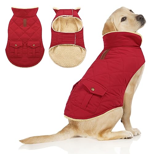 ASENKU Warmer Hunde-Wintermantel, Fleece & Rollkragen, Hundepufferjacke mit Taschen, wasserdicht, für kaltes Wetter, Kleidung mit Leinenloch für mittelgroße und große Hunde von ASENKU