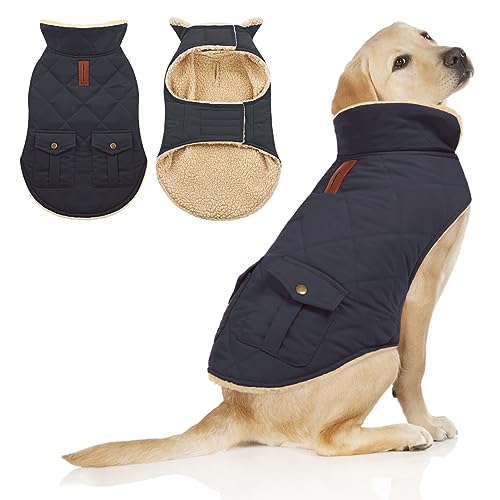 ASENKU Warmer Hunde-Wintermantel, Fleece & Rollkragen, Hundepufferjacke mit Taschen, wasserdicht, für kaltes Wetter, Kleidung mit Leinenloch für mittelgroße und große Hunde von ASENKU