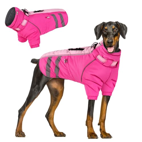 ASENKU Wasserdicht Hundemantel Winter Hundejacke Winddicht Reflektierend Hundeweste für Kaltes Wetter, Warme Fleece Hundemantel mit Geschirr für Hund Camping Wandern, Rosa, 3XL von ASENKU