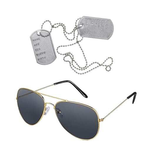 2 Stück Flieger Captain Kostüm Set Flieger Verkleidung Accessoires Sonnenbrille Fliegerbrille und Erkennungsmarke Kette Hundemarke Anhänger für Armee Militär Erwachsene Karneval Halloween Cosplay von ASFWAGQ