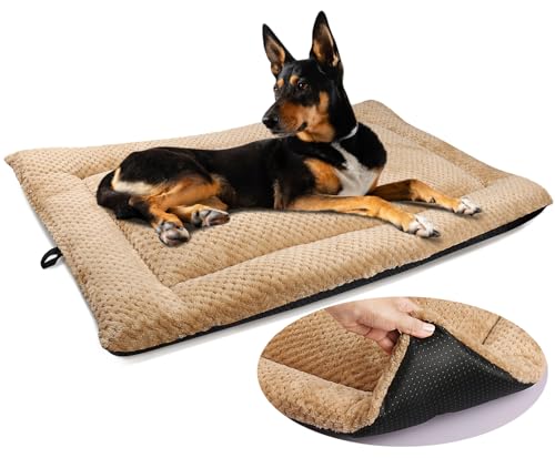 ASIJIA Hundebett-Matte, groß, 90 x 56 cm, waschbar, flauschiges Sherpa-Katzenbett, Kissen mit rutschfester Unterseite, warme Haustier-Hundebox-Matratze für mittelgroße und große Haustiere, Khaki von ASIJIA