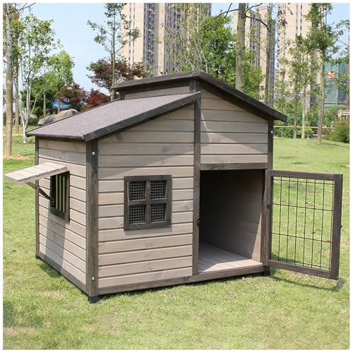 Hundehütte für den Außenbereich, Zwinger für den Außenbereich, erhöht, aus Holz mit Dach aus Asphalt, Eingangstür, Seitenfenster, Veranda für kleine und mittelgroße Hunde (XXL) von ASKLFNEI