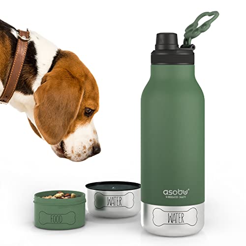 Asobu Dog Buddy Bottle eine isolierte Edelstahl-Wasserflasche für einen Menschen mit abnehmbarem Hunde-Wassernapf und Aufbewahrungsnapf für Hundefutter und Leckerlis, 100 ml (Basilikumgrün) von ASOBU