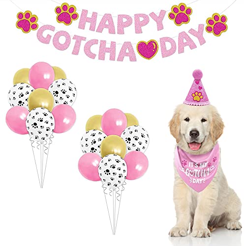 ASOCEA ZubehöR FüR Hundegeburtstagsfeiern Happy Gotcha Day Hundebandana Set Jungen MäDchen Party Banner Hund Geburtstag Outfit Dreiecksschal FüR Haustiere Hunde Katzen Adoption Partydekoration Rosa von ASOCEA