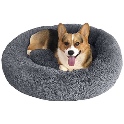 ASelected 70 cm L Donut-Hundebett für große, mittelgroße Hunde, waschbar, beruhigend, Plüsch, Donut-Bett, Anti-Angst, weich, flauschig, extra großes Welpenbett – Grau, rundes Kunstfell-Haustierbett von ASelected