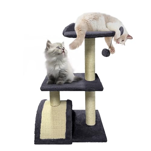 ATCHSAMA Katzenbaumturm, niedlicher Katzenturm mit Sisal-Kratzbäumen und Pads für Indoor-Katzen mit gemütlicher Sitzstange, Katzenmöbel, Aktivität-Hängematte für Kätzchen, erwachsene Katze, Dunkelgrau von ATCHSAMA