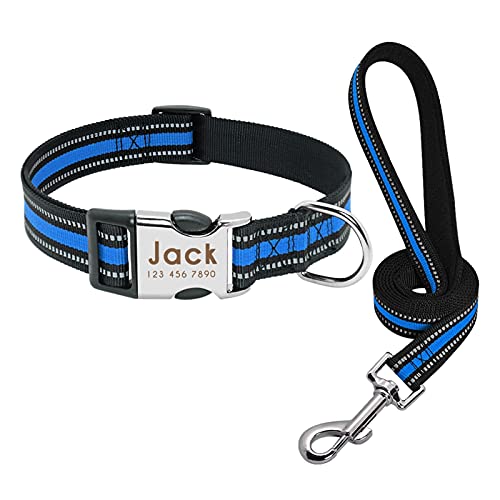 ATUMY Verstellbare Führleine Hundeleine Benutzerdefinierte Haustier Hundehalsband Leine Reflektierende Welpenhalsbänder Mittelgroßes Hundehalsband Gravieren Sie den Namen(Blue Set,M) von ATUMY