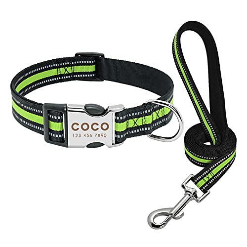 ATUMY Verstellbare Führleine Hundeleine Benutzerdefinierte Haustier Hundehalsband Leine Reflektierende Welpenhalsbänder Mittelgroßes Hundehalsband Gravieren Sie den Namen(Green Set,S) von ATUMY