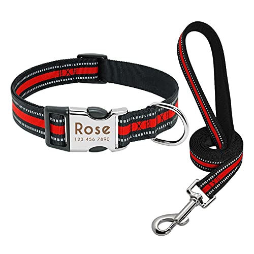 ATUMY Verstellbare Führleine Hundeleine Benutzerdefinierte Haustier Hundehalsband Leine Reflektierende Welpenhalsbänder Mittelgroßes Hundehalsband Gravieren Sie den Namen(Red Set,L) von ATUMY