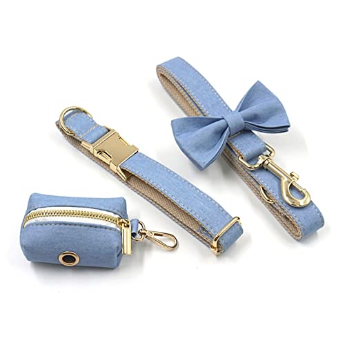 ATUMY Verstellbare Führleine Hundeleine Hellblauer Denim personalisiertes Hundehalsband und Leine Set Fliege Hundegeschirr Mädchen(Silver,L Neck 49-55cm) von ATUMY