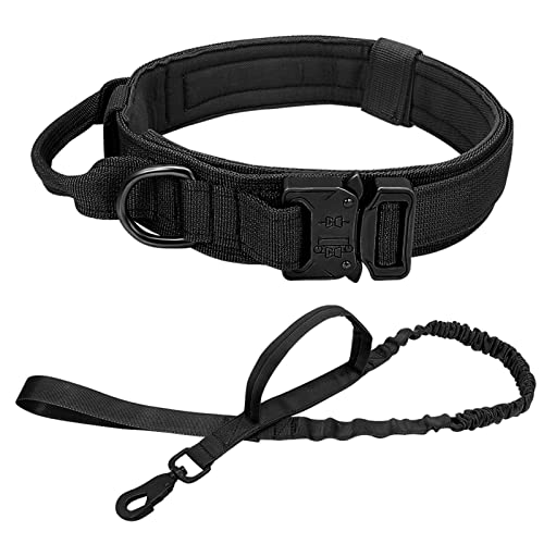 ATUMY Verstellbare Führleine Hundeleine Militärisches taktisches Hundehalsband, elastisches Bungee-Leine-Halsband, Nylon-Haustierhalsband, große Hunde(Black Set,M) von ATUMY