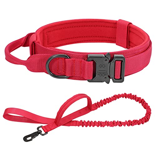 ATUMY Verstellbare Führleine Hundeleine Taktisches Hundehalsband-Leine-Set, verstellbar, militärisches Haustier-Halsband, Bungee-Leine, mittelgroßer Hund(Red Set,L) von ATUMY