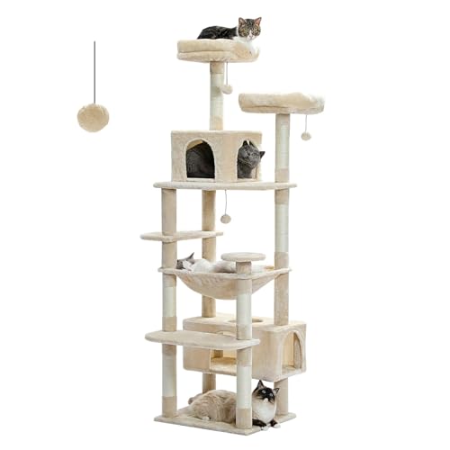 ATUMY möbel für Katzen 184 cm großer Kratzbaum und Turm für Wohnungskatzen mit mit Sisal überzogenen Kratzbäumen, geräumigen Hängematten und gepolsterten Sitzstangen katzenbaum(Beige,136cm) von ATUMY