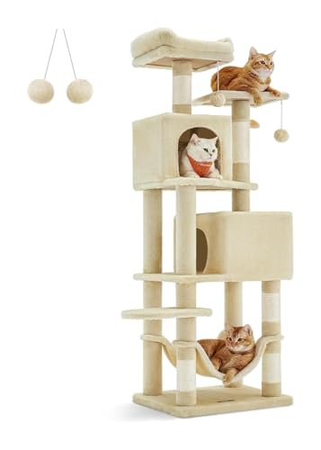 ATUMY möbel für Katzen 61-Zoll-Katzenplüsch-Katzenwohnung auf Mehreren Ebenen mit 5 Kratzbäumen, 2 Sitzstangen, 2 Höhlen und Hängematte katzenbaum(Beige) von ATUMY