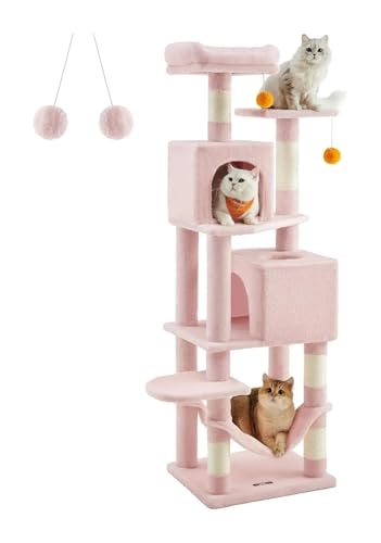 ATUMY möbel für Katzen 61-Zoll-Katzenplüsch-Katzenwohnung auf Mehreren Ebenen mit 5 Kratzbäumen, 2 Sitzstangen, 2 Höhlen und Hängematte katzenbaum(Cream White) von ATUMY