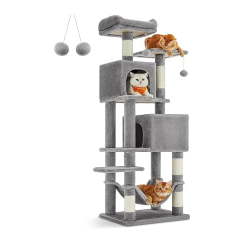 ATUMY möbel für Katzen 61-Zoll-Katzenplüsch-Katzenwohnung auf Mehreren Ebenen mit 5 Kratzbäumen, 2 Sitzstangen, 2 Höhlen und Hängematte katzenbaum(Light Gray) von ATUMY