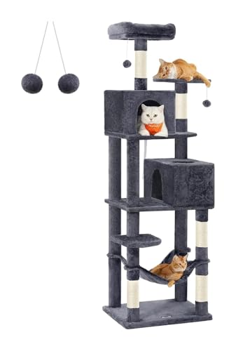 ATUMY möbel für Katzen 61-Zoll-Katzenplüsch-Katzenwohnung auf Mehreren Ebenen mit 5 Kratzbäumen, 2 Sitzstangen, 2 Höhlen und Hängematte katzenbaum(Smoky Gray) von ATUMY