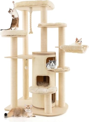 ATUMY möbel für Katzen 67-Zoll-mehrstufiger moderner großer Katzenturm, Sisal-Kratzbäume, hängendes Spielseil für Hauskatzen katzenbaum(Beige) von ATUMY