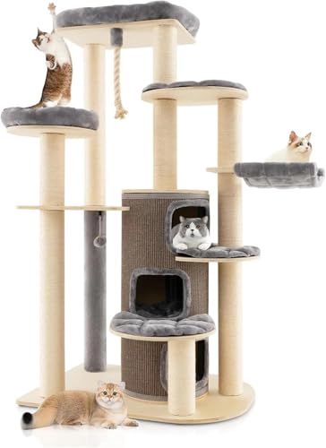 ATUMY möbel für Katzen 67-Zoll-mehrstufiger moderner großer Katzenturm, Sisal-Kratzbäume, hängendes Spielseil für Hauskatzen katzenbaum(Gray) von ATUMY