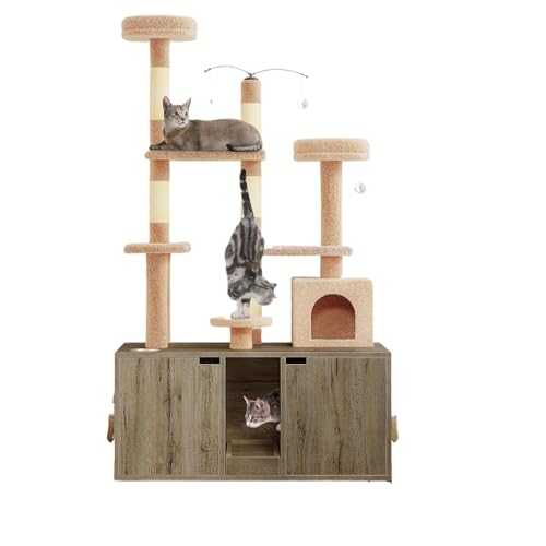 ATUMY möbel für Katzen 71" Holz-Katzenbaum-Turm-Eigentumswohnung mit versteckter Katzentoilette und Möbeln für 2 Katzen katzenbaum(Pink) von ATUMY