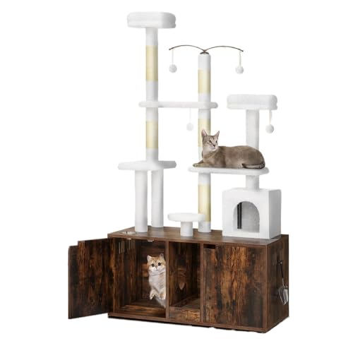 ATUMY möbel für Katzen 71" Holz-Katzenbaum-Turm-Eigentumswohnung mit versteckter Katzentoilette und Möbeln für 2 Katzen katzenbaum(White) von ATUMY