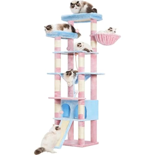 ATUMY möbel für Katzen 78-Zoll-Katzenturm mit Mehreren Ebenen für Hauskatzen, 2 verbreiterte Plüschsitzstangen, Katzenwohnung mit Kratzbrett und großem Kratzbaum katzenbaum(Blue and Pink) von ATUMY