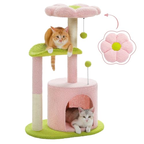 ATUMY möbel für Katzen Blumen-Katzenbaum für Hauskatzen, Kleiner Katzenturm mit Sisal-Kratzbaum, weichem Condo, Plüschsitzstangen katzenbaum(AMT0231PK) von ATUMY