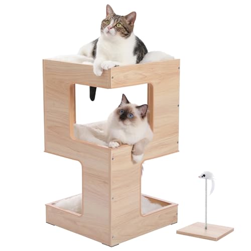 ATUMY möbel für Katzen Cat Condo Kleiner moderner Kratzbaum für Hauskatzen, 23,6" Katzenmöbel aus Holz, Katzenturm mit kostenlosem Katzenspielzeug katzenbaum(Beige) von ATUMY