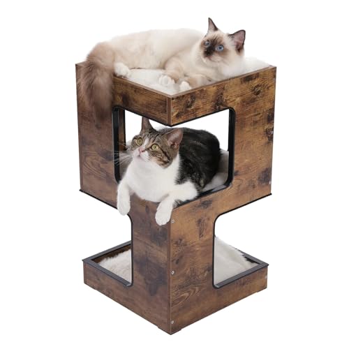 ATUMY möbel für Katzen Cat Condo Kleiner moderner Kratzbaum für Hauskatzen, 23,6" Katzenmöbel aus Holz, Katzenturm mit kostenlosem Katzenspielzeug katzenbaum(Rustic Brown) von ATUMY