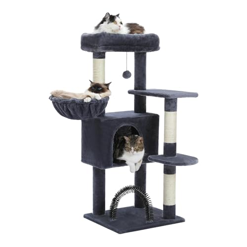 ATUMY möbel für Katzen Kratzbaum-Wohnung für den Innenbereich, mehrschichtiger Katzenturm mit Kratzbäumen aus Sisal, großes Haus, Hummock-Sitzstange katzenbaum(AMT0209DGY) von ATUMY